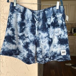 DKNY Blue and White Athletic Shorts with Tie-Dye Pattern